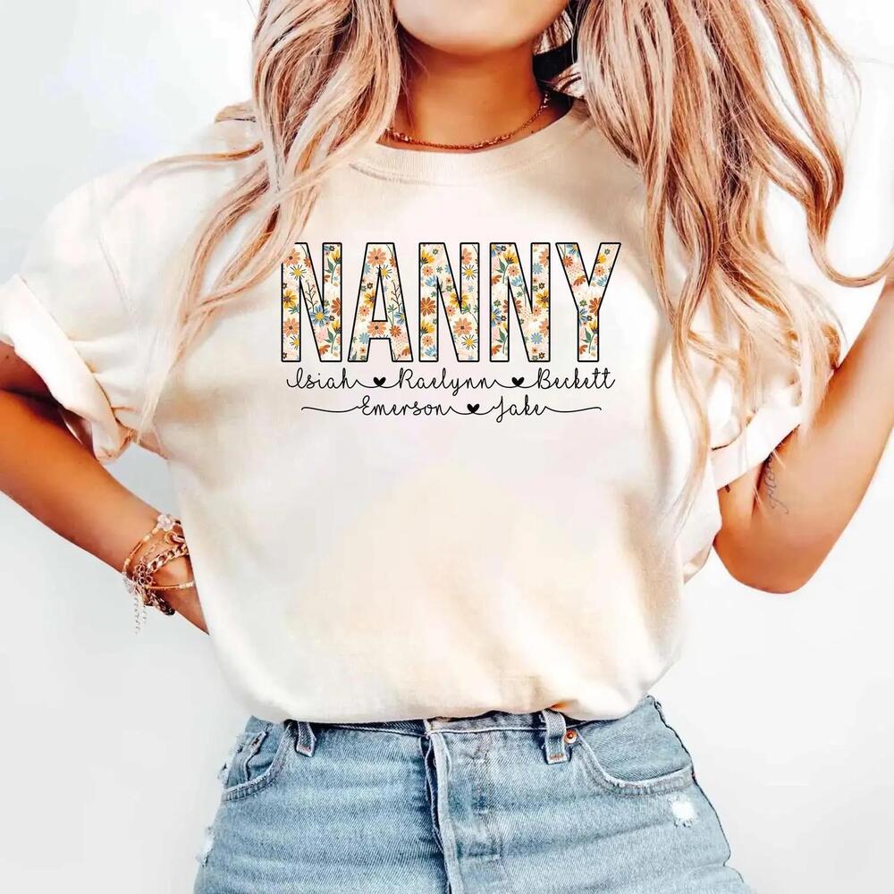 Floral Nanny Shirt, Nanny Shirt With Kids Names, Nanny MotherDay Shirt
